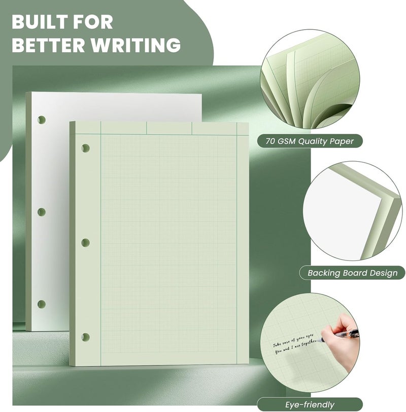 Aidunmis Engineering Paper 8.5 x 11, 100 Sheets Top Glue Binding Engineering Notebook, 5x5 Quad Ruled Graph Paper, 3-Hole Punched Engineering Computation Pad 8.5 x 11, Green Tint Engineering Paper Notebook - Image 3